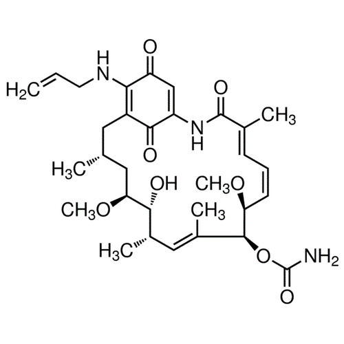 Chemical structure of 17-AAG (SIH-100), a Hsp90 inhibitor. CAS #: 75747-14-7. Molecular Formula: C31H43N3O8. Molecular Weight: 585.7 g/mol.