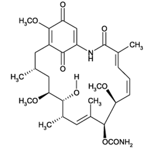 Chemical structure of Geldanamycin (SIH-111), a Hsp90 inhibitor. CAS #: 30562-34-6. Molecular Formula: C29H40N2O9. Molecular Weight: 560.6 g/mol.