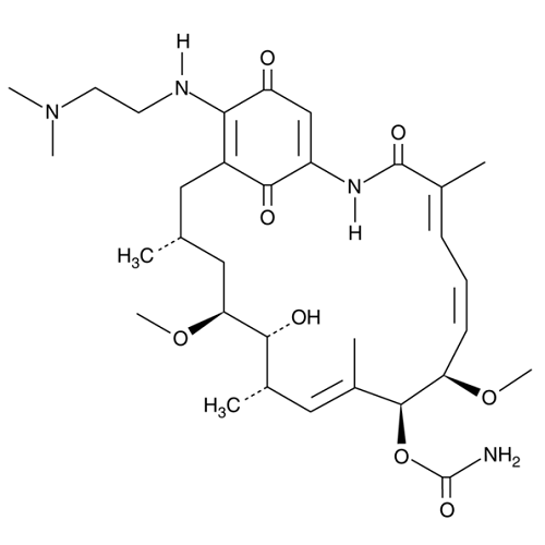 Chemical structure of 17-DMAG (SIH-114), a Hsp90 inhibitor. CAS #: 467214-20-6. Molecular Formula: C32H48N4O8. Molecular Weight: 616.8 g/mol.