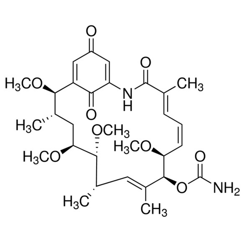 Chemical structure of Herbimycin A (SIH-116), a Hsp90 inhibitor. CAS #: 70563-58-5. Molecular Formula: C30H42N2O9. Molecular Weight: 574.3 g/mol.
