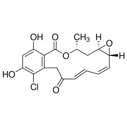 Chemical structure of Radicicol (SIH-117), a Hsp90 inhibitor. CAS #: 12772-57-5. Molecular Formula: C18H17CIO6. Molecular Weight: 364.8 g/mol.