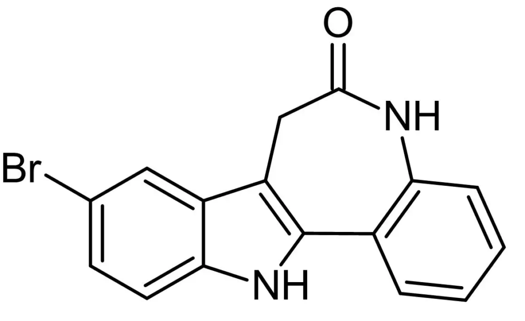 <p>Chemical structure of Kenpaullone (SIH-598), a GSK3Beta,CDK2 and LCK Inhibitor. CAS #: 142273-20-9. Molecular Formula: C16H11BrN2O. Molecular Weight: 327.2 g/mol.</p>

